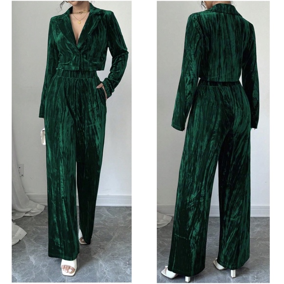 Luxe Green Velvet Button Cropped Blazer Stretchy Pants Wide Leg Pants Set - Picture 2 of 3